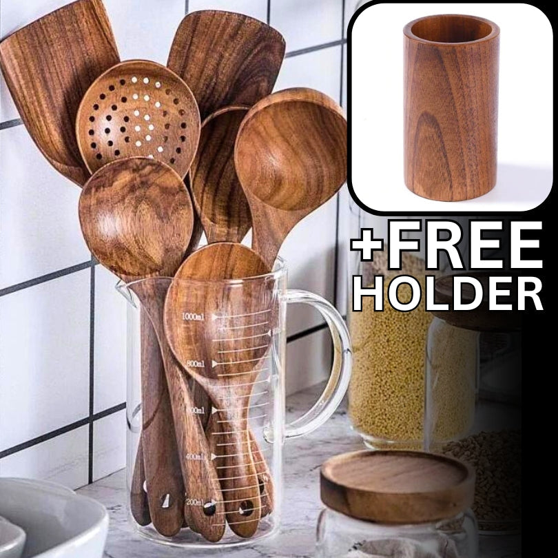 Käsin veistetty teakwood-keittosarja